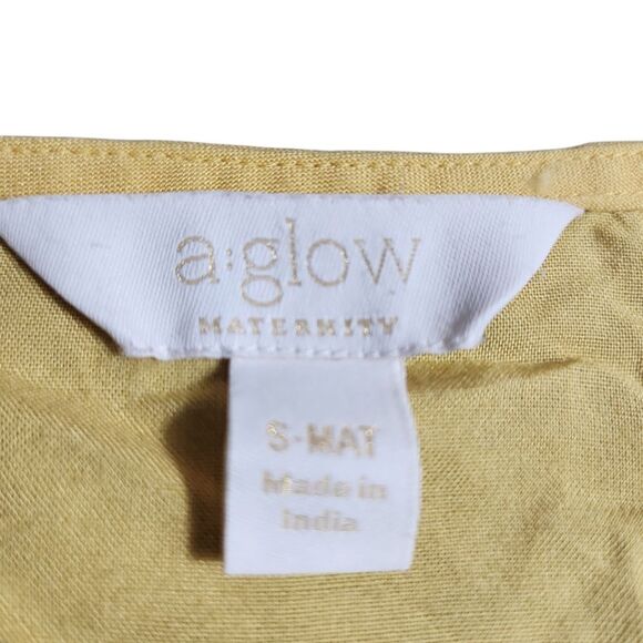 A:glow Maternity Midi Dress Sz Small Yellow Rayon Slight Puffy Sleeves Loose Fit - Picture 3 of 9